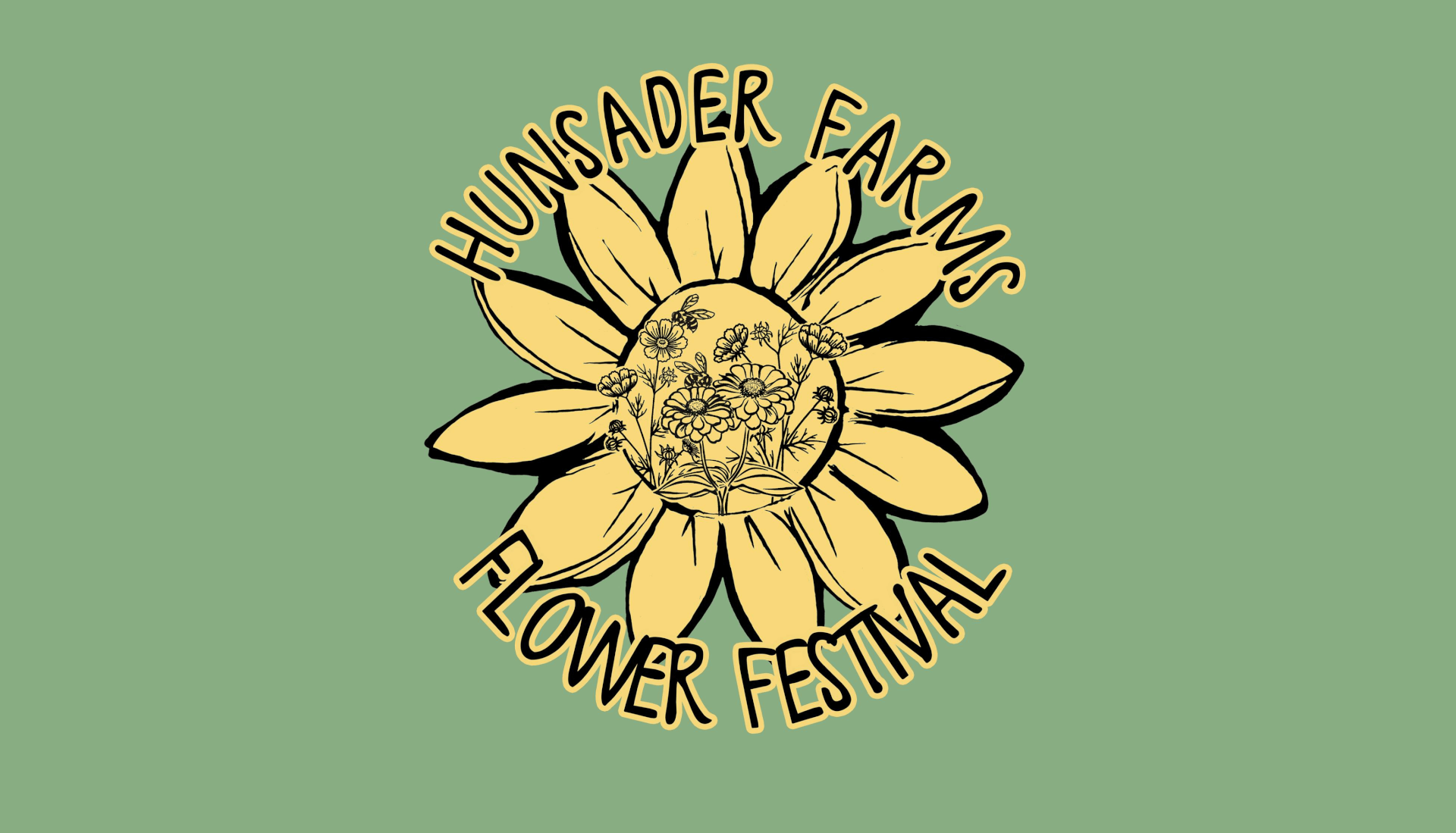 Hunsader Farms Flower Festival logo in green and yellow