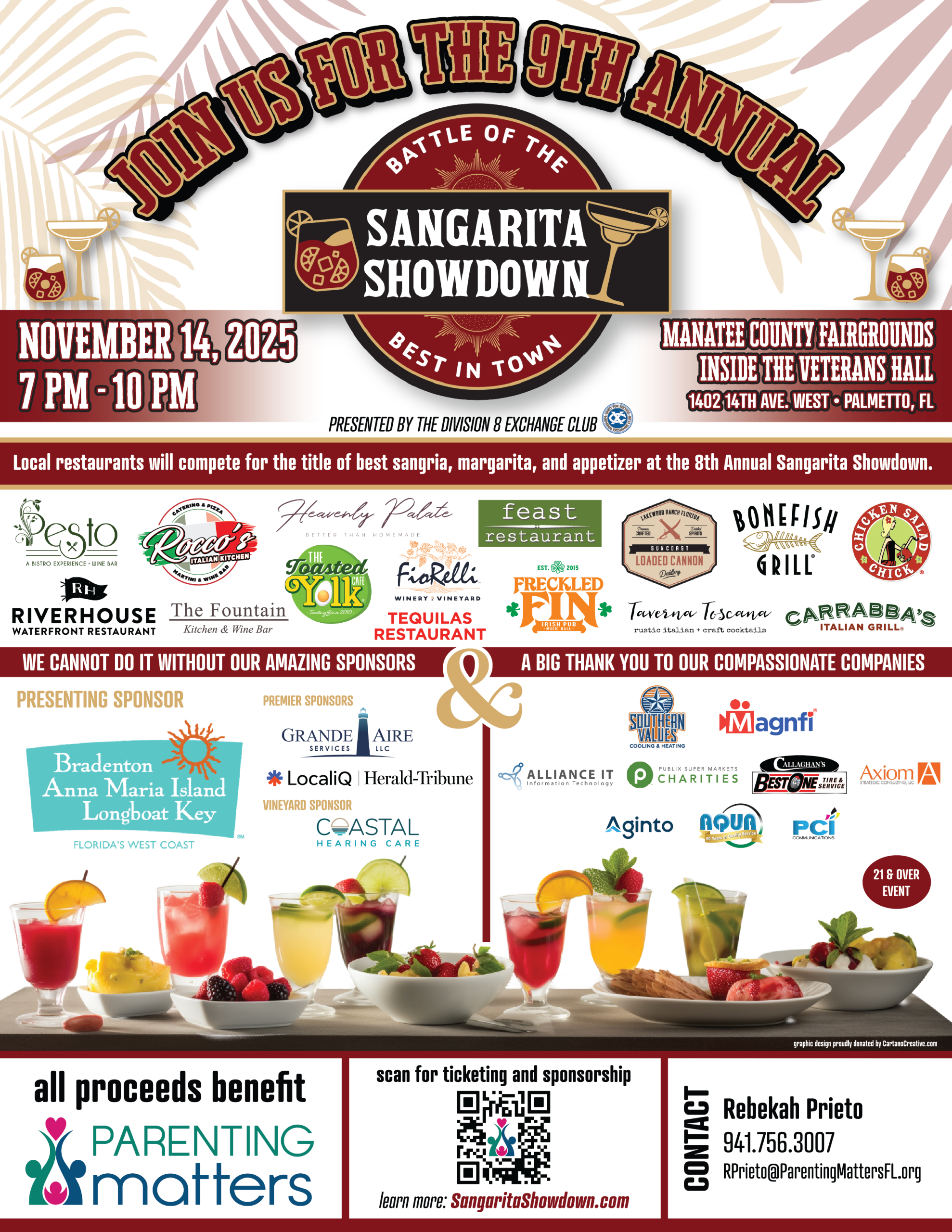 Sangarita Showdown event poster with images of participating businesses and sponsors.