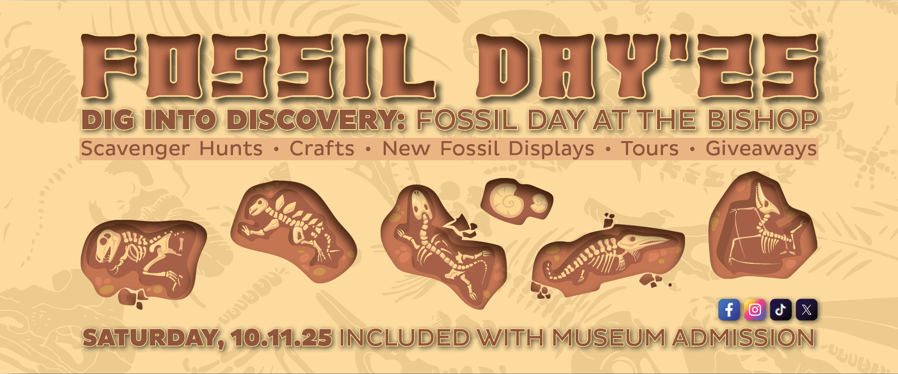 Tan event poster with brown lettering and fossil images.