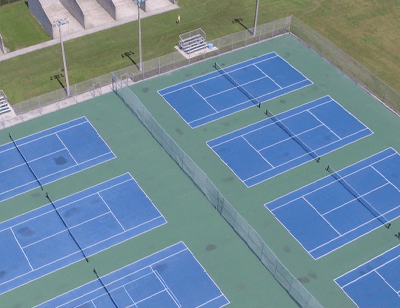 aerial view of several blue picklball courts at Lakewood Ranch Park