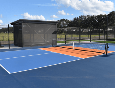 orange and blue pickleball court
