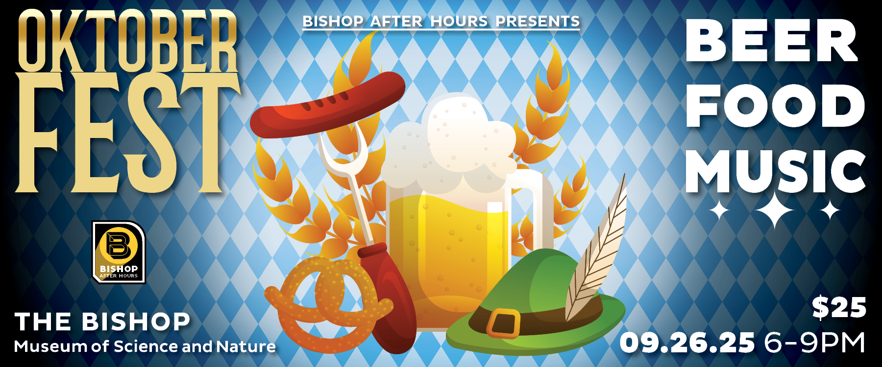 Oktoberfest poster w/ image of sausage on fork, pretzel, mug of beer