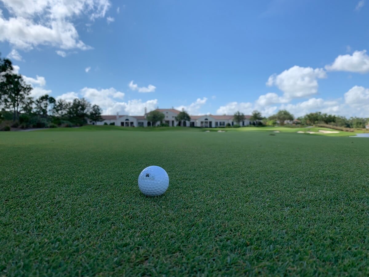 golf ball on the green with concession golf club logo