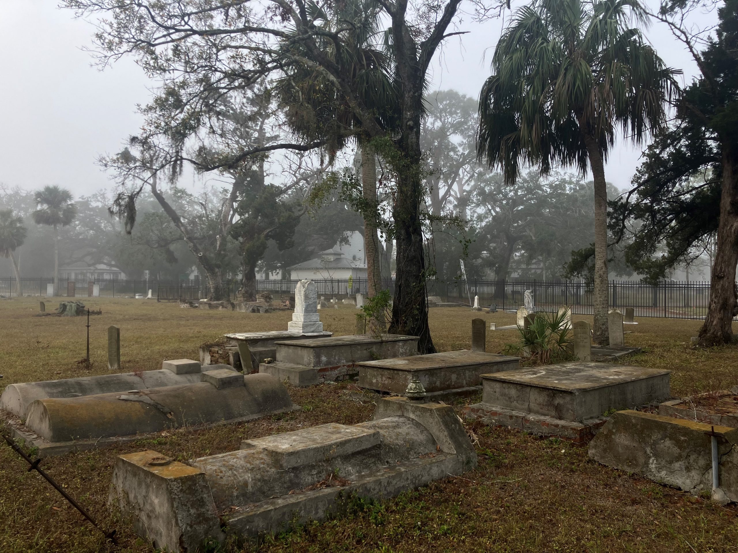 Picture of cemetery during a foggy morning.