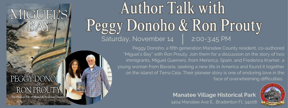 Event Poster with picture of authors Peggy & Ron and their book Miguel's Bay.