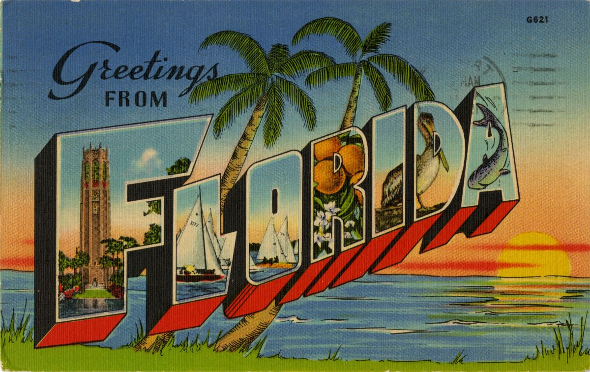 Image of a colorful antique postcard saying; Greetings From Florida