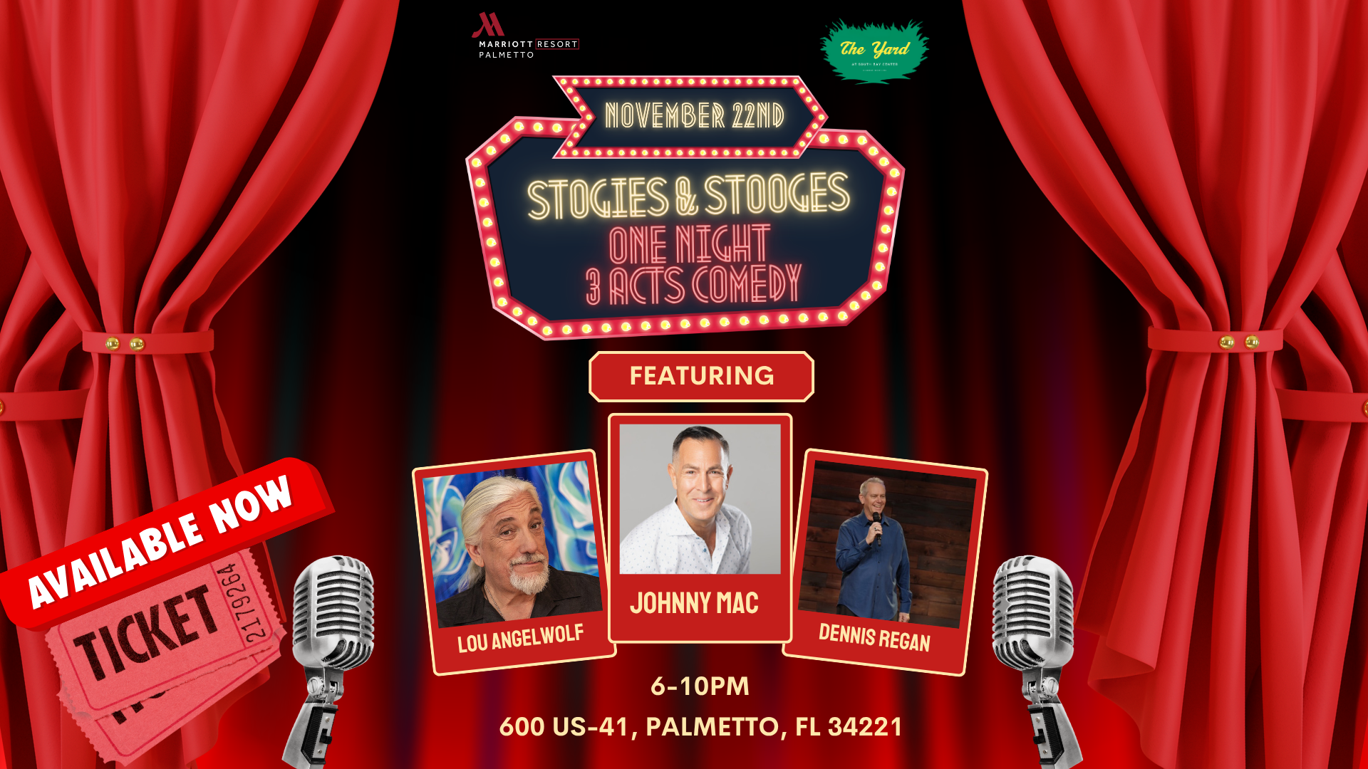 Retro look event poster with red drapes and comedians headshots