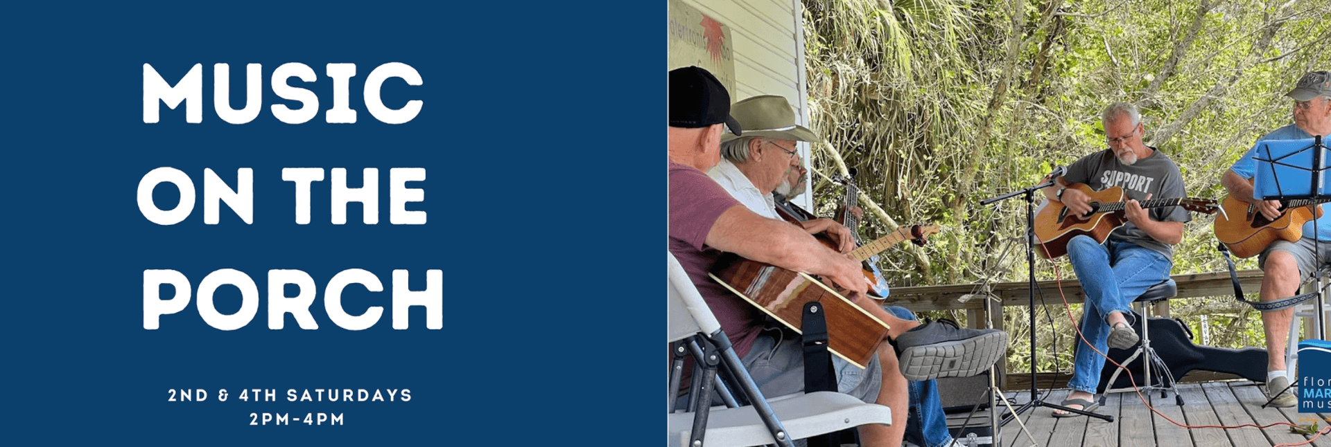 music on the porch graphic with four men playing instruments