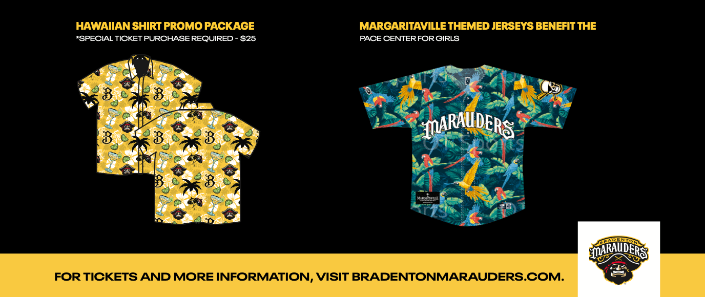 two hawaiian shirts themed by Margaritaville and the Bradenton Marauders