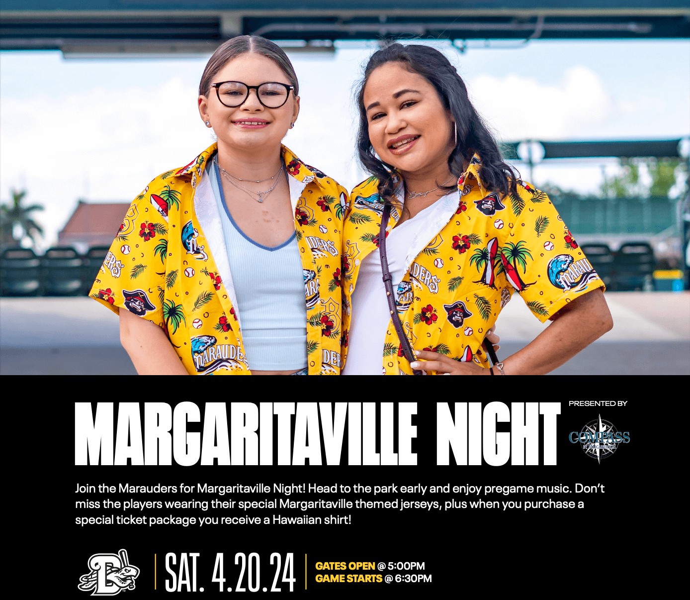 margaritaville night promo graphic with two women wearing hawaiian shirts