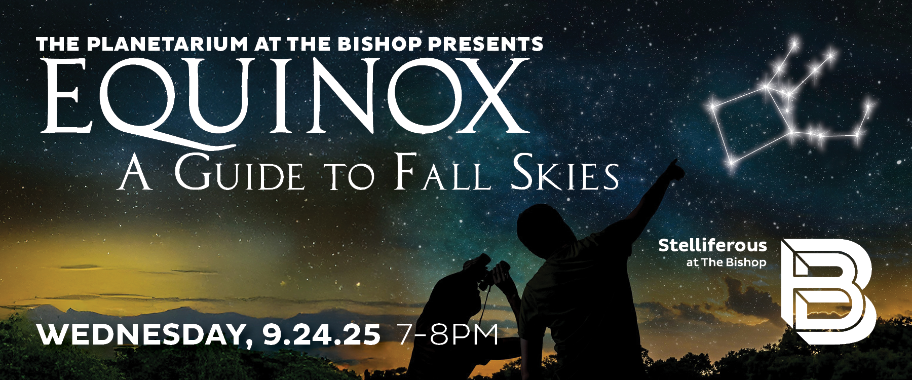 Event poster. Night ski full of stars and a couple looking up with binoculars.