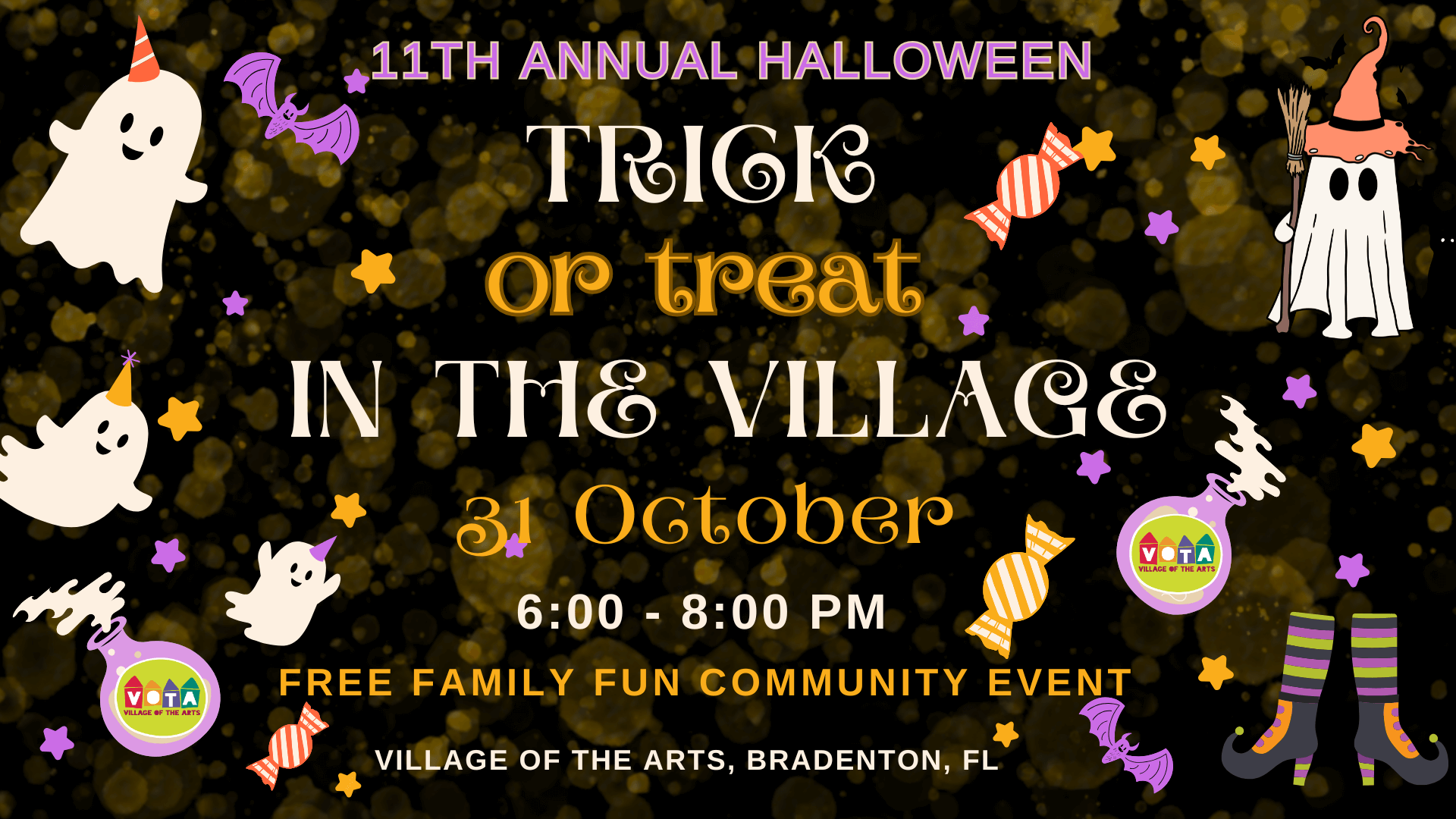 info graphic for trick-or-treat in the village in village of the arts