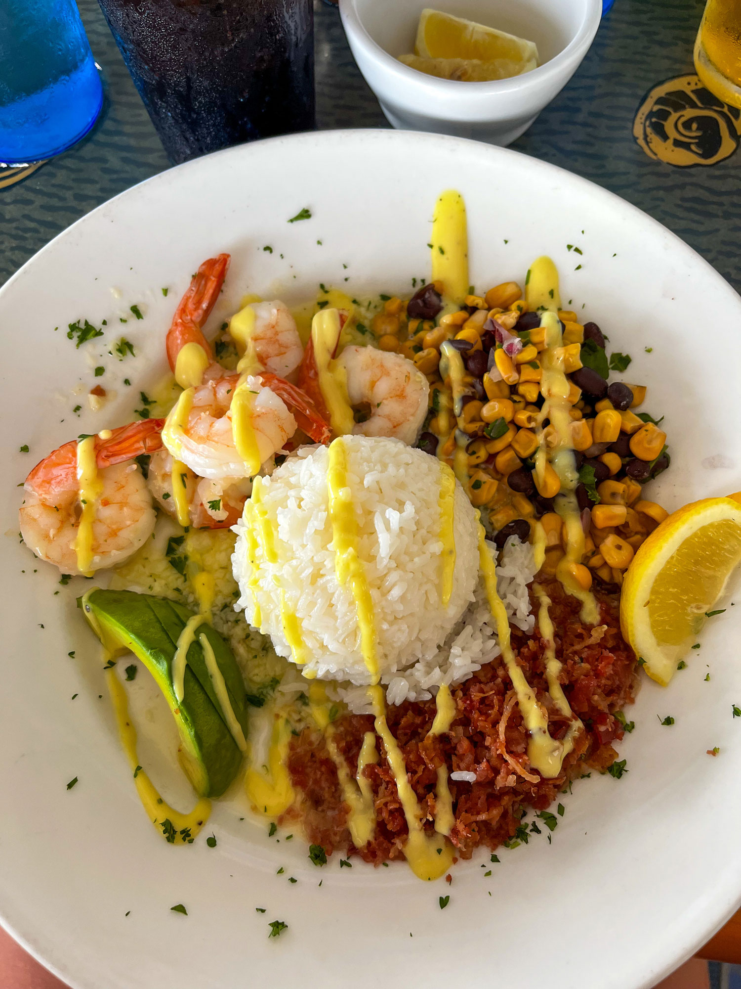 rice and shrimp floribbean dish with garnishes